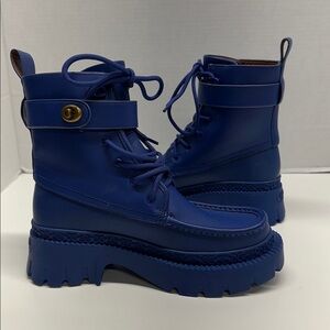 Coach Lace Up Bootie Ankle Boots Leather Rubber Sapphire Blue Womens Size 5.5